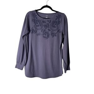 Pure Jill Embroidered Neckline Tunic XS 100% Cotton Purple Floral Long Sleeve